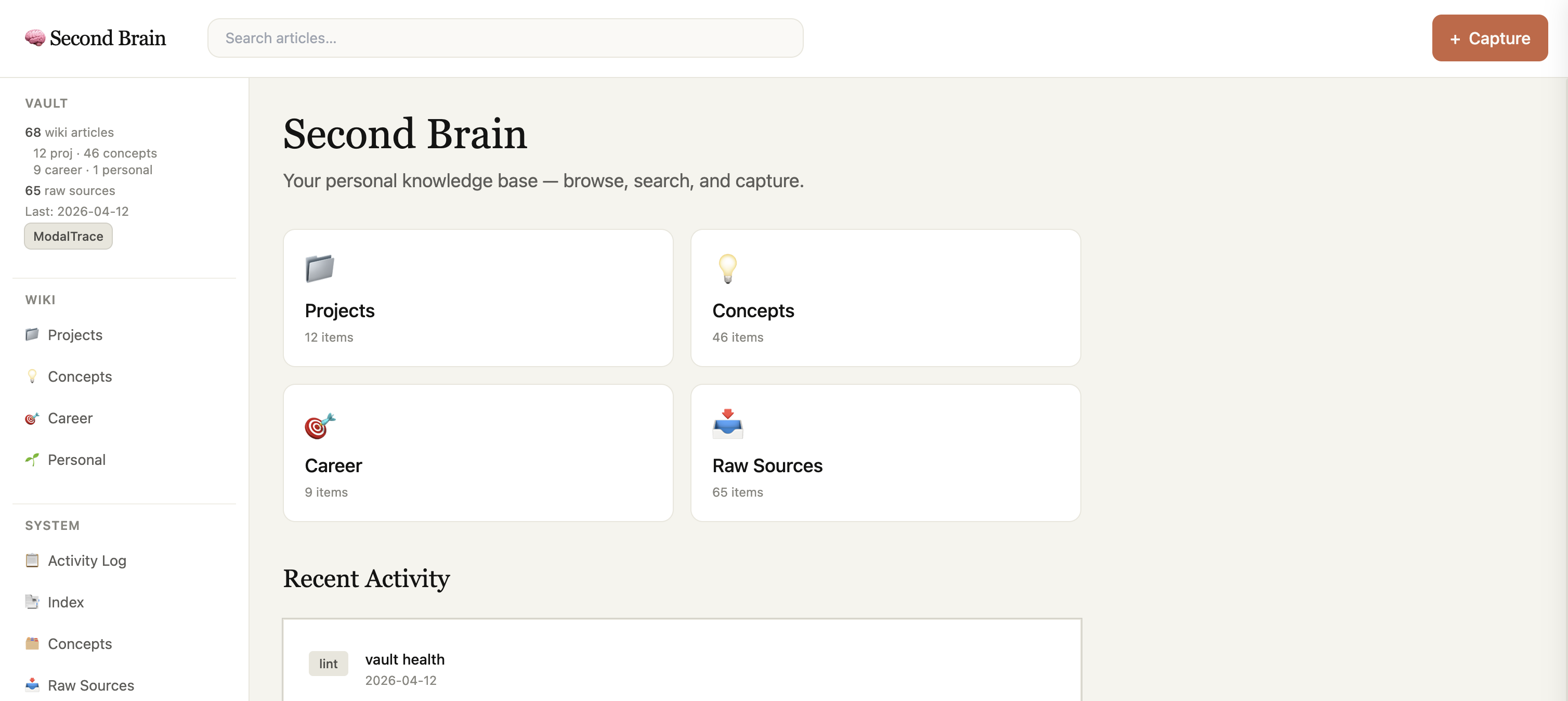 Second Brain dashboard in Obsidian showing Projects, Concepts, Career, and Raw Sources